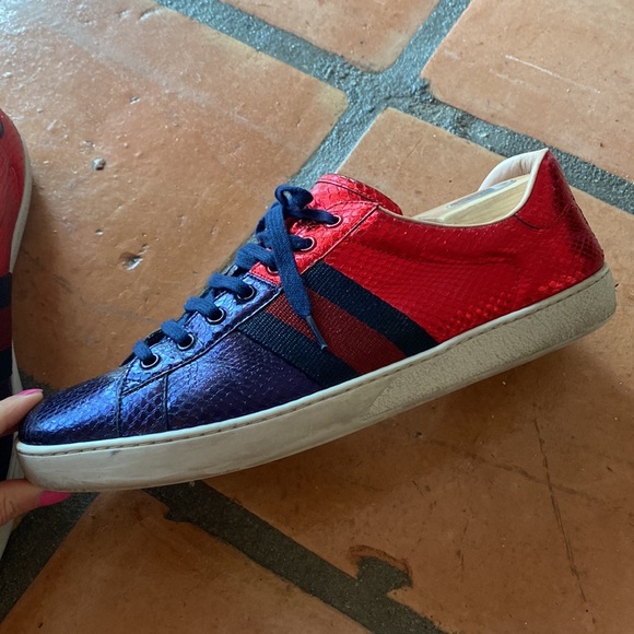 GUCCI "Ace" red blue metallic snakeskin sneakers in a low top style. Size 11. - Picture 9 of 13
